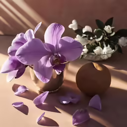 flowers sit in an arrangement and one is on the ground