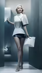 a woman wearing a white shirt and short skirt