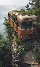 a very old rusty looking bus that is abandoned