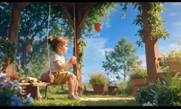 the little girl is sitting on the bench