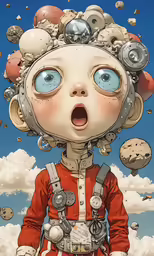 a cartoon figure is staring at the sky with many objects