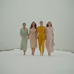 three models walking in the snow and carrying hand bags