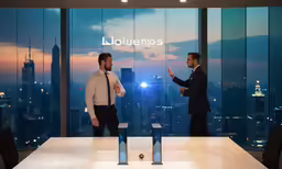 two men are standing in a room with a window and a sign