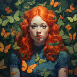 a painting of a girl with red hair and butterfly butterflies,a girl with red hair and butterflies surrounding her