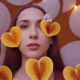 a woman looks down on the camera surrounded by petals