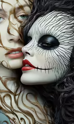 two women with halloween make up are facing each other