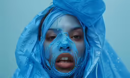 woman in blue shower gown and hood making face