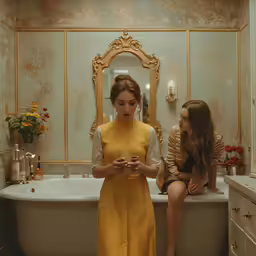 a girl looks at her phone while another girl checks herself in the mirror