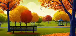 a park bench next to many trees with leaves,a painting of an autumn park scene with trees and a bench