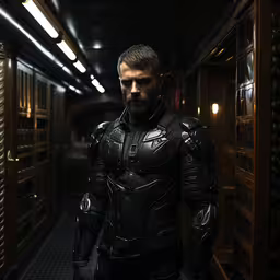 a man in leather and futuristic suits stands in a corridor,an in - game picture of a man in futuristic suits
