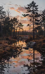 trees, rocks and sky in the foreground at dusk with a reflection