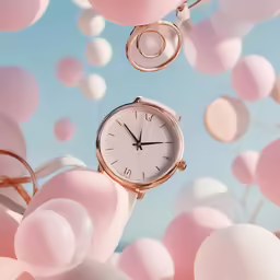 a watch suspended between two pairs of balloons