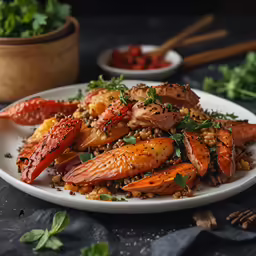 lobsters and rice on a plate with a wood sprig next to it