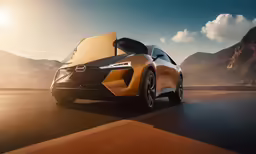 an orange car that is driving down the road
