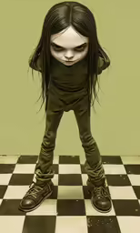 an animation of a doll with long hair, wearing green pants and dark shoes