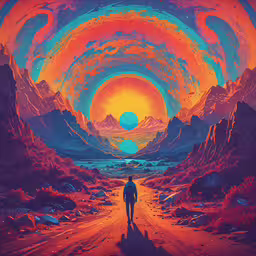 a person is walking down a pathway with mountains in the background,a man walking towards an orange, blue, and pink spiral