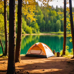 tent pitched up near trees and a lake,there is a tent that is by a body of water