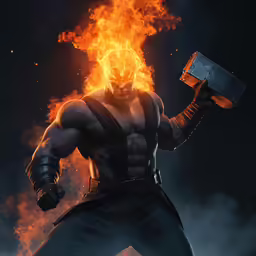 the character in a black mask and flames has a hammer