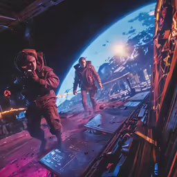 two men are in a space station near a moon