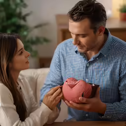 there is a man holding a vase with a heart in it