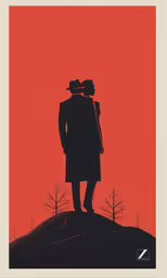 a couple is standing in the middle of a red sky