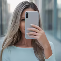 the model is holding up her phone to take a photo