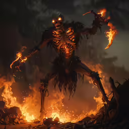 a scary looking skeleton figure holding torches in front of a large pile of fire
