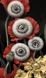 a series of five fake flower petals with an eye in the center