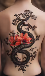 the back view of a woman with a large snake tattoo on her body