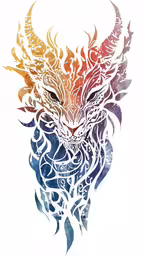 an artistic drawing of a horned animal with long horns and an intricate tail