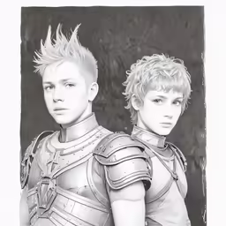 two people standing next to each other in front of a black and white picture