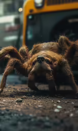 the head of a large brown spider in front of a yellow vehicle