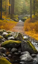 some moss covered rocks water and trees