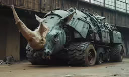a rhinoceros laying in front of an armored vehicle