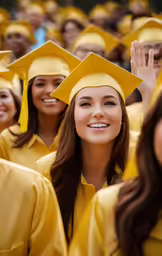 group of people dressed in yellow graduation gowns