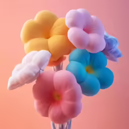 colorful cotton flowers with pastel colors and stems