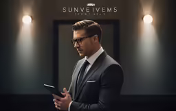 a man in a suit holds up his tablet while standing in front of a mirror