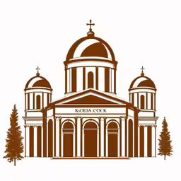a church with two tall domes and pine trees