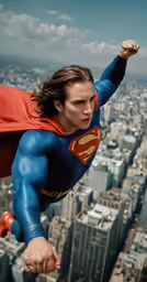 the woman is flying through the air in the city