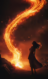 a woman standing next to a huge swirl of flames