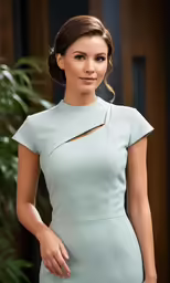 a model poses in a light blue dress