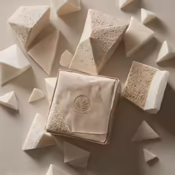 several blocks of sugar, all in white and gold, sit next to each other