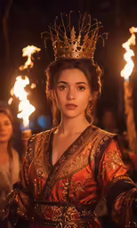 a woman is dressed as a king and holding torches