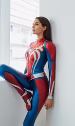 the woman in the blue and red outfit is leaning on the wall