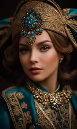 a beautiful lady in turquoise and gold attire