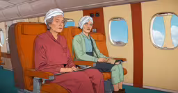 two old people sitting on a plane looking out the window,two women sit inside a airplane with their heads bowed