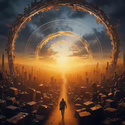 man in black jacket walking towards golden city at sunset