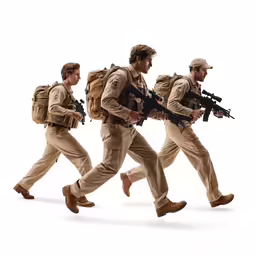 two men in uniforms walking while holding guns