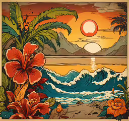 the sun rises over the ocean, while a tropical sunset is in the background,a painting of a sun setting on the ocean with palm trees and flowers