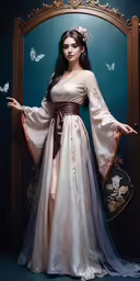 woman wearing large shawl and dress with brown sash